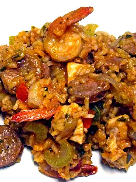 jambalaya: A savory rice dish of mixed origins that developed in the U.S. state of Louisiana
