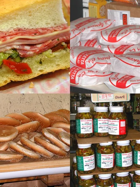 muffuletta: A collage of Central Grocery's Muffaletta in New Orleans, Louisiana. Contributed by Jason Perlow of OffTheBroiler.com