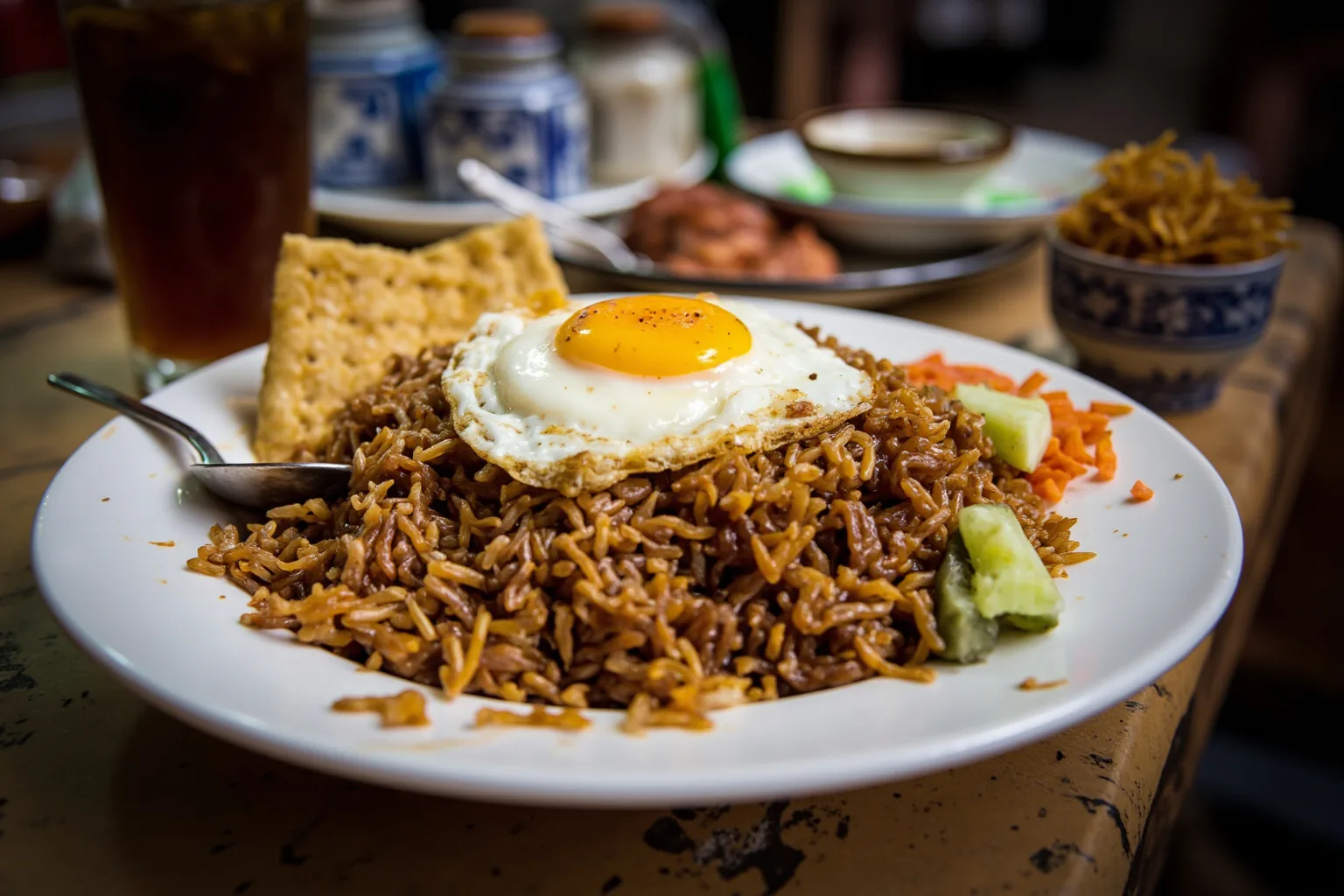 Indonesian nasi goreng: glistening dark-brown fried rice with a sunny-side-up egg with crispy lacy edges, krupuk udang, acar, sambal, on a banana leaf at a Jakarta warung