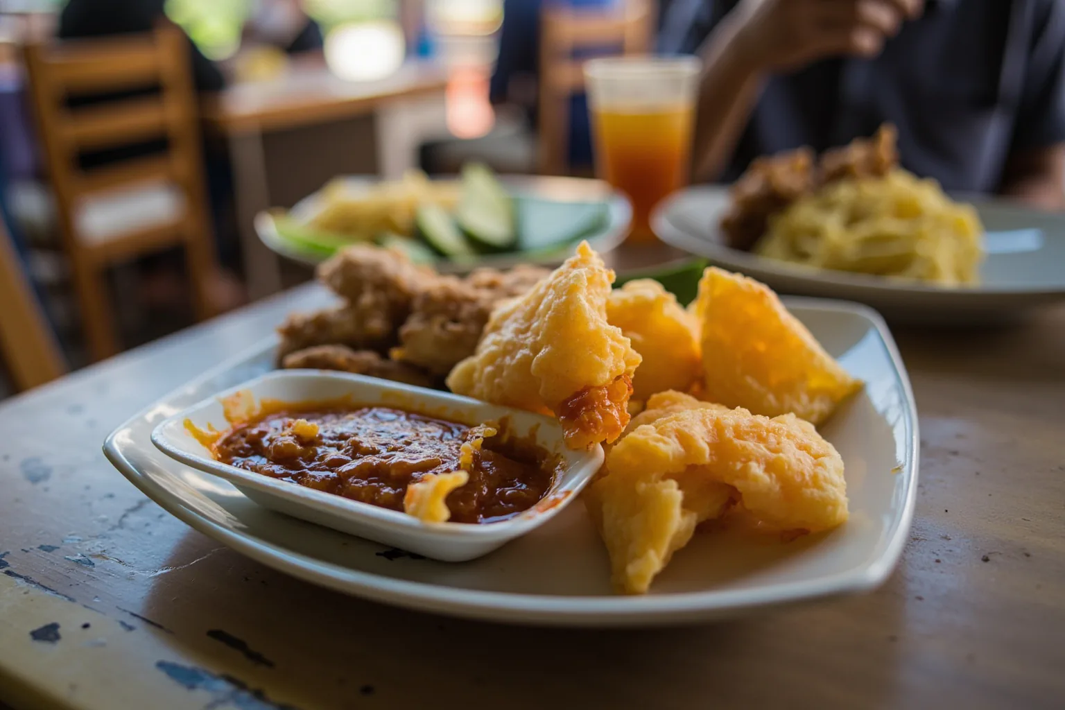 Palembang pempek: bright orange-yellow fried fish-cake served with a generous pool of dark reddish-brown cuko sauce, cucumber slices, on a chipped plate at a Palembang warung