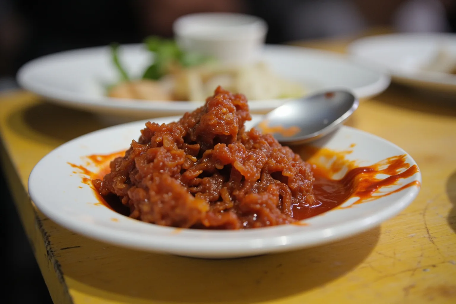 Indonesian sambal: coarse wet brick-red chili paste mounded on a small piring saucer with visible bird's-eye chili, shallots, garlic, candlenut, palm sugar and oil pooling, at a Padang warung