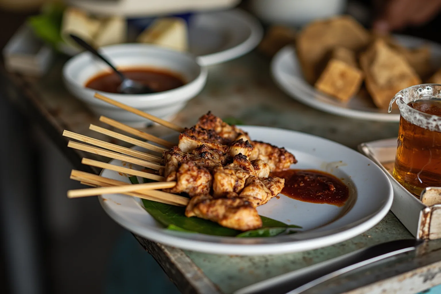 Madura sate: a fan of thin bamboo skewers with small cubes of grilled chicken showing parallel dark char marks and a kecap-manis glaze, on a banana leaf with peanut sauce, lontong, sambal kecap, at a Madura sate stall