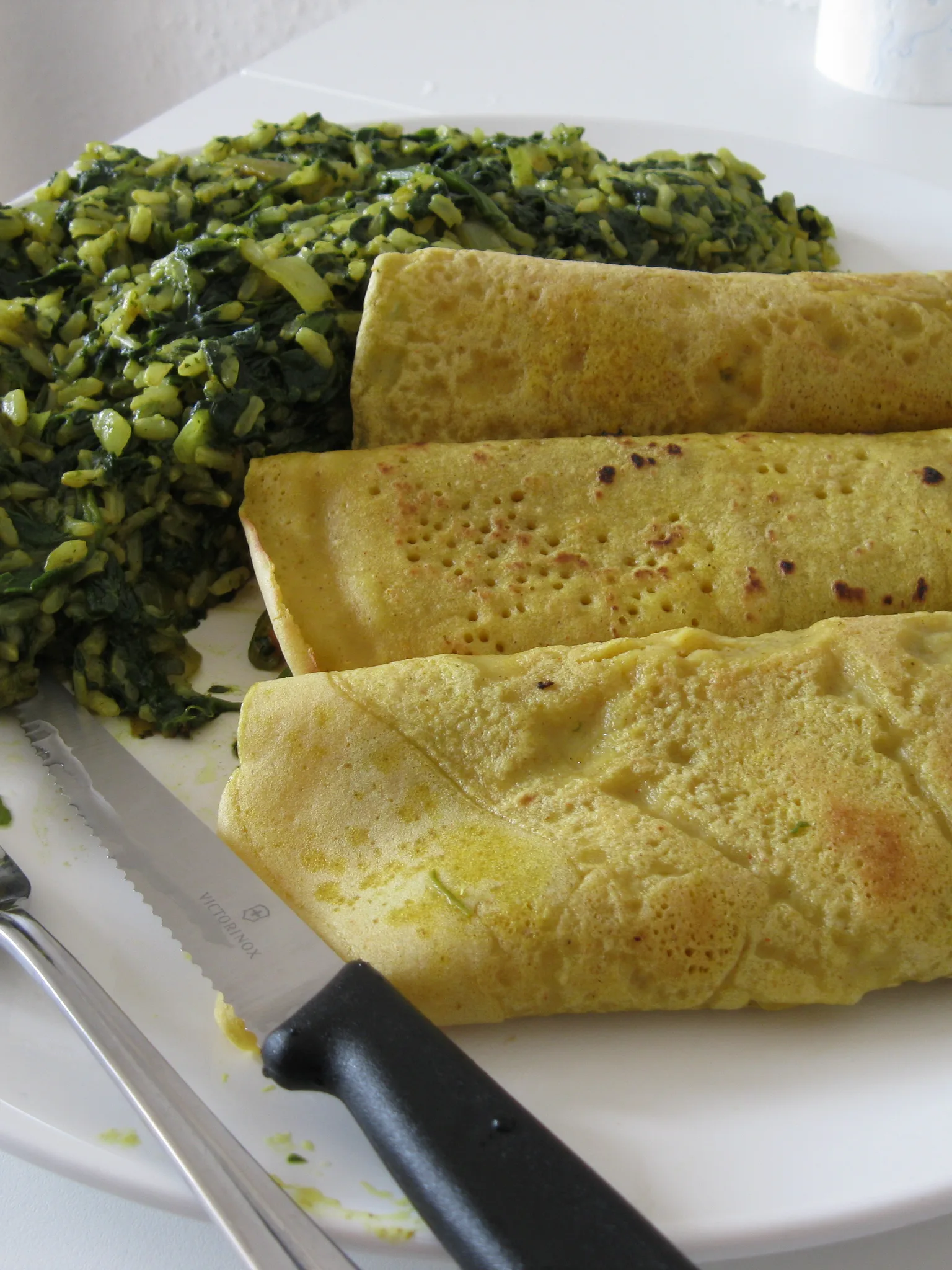 Pancake: Vegan pancakes (made of durum wheat) with spinach and rice