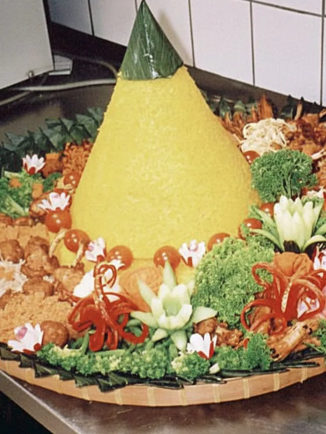 tumpeng: This is a picture of a Javanese yellow rice 'cake'. Made by and courtesy of Taufik Thoyib and Joyce from the toko Oostersch Huisje , The Hague, Holland